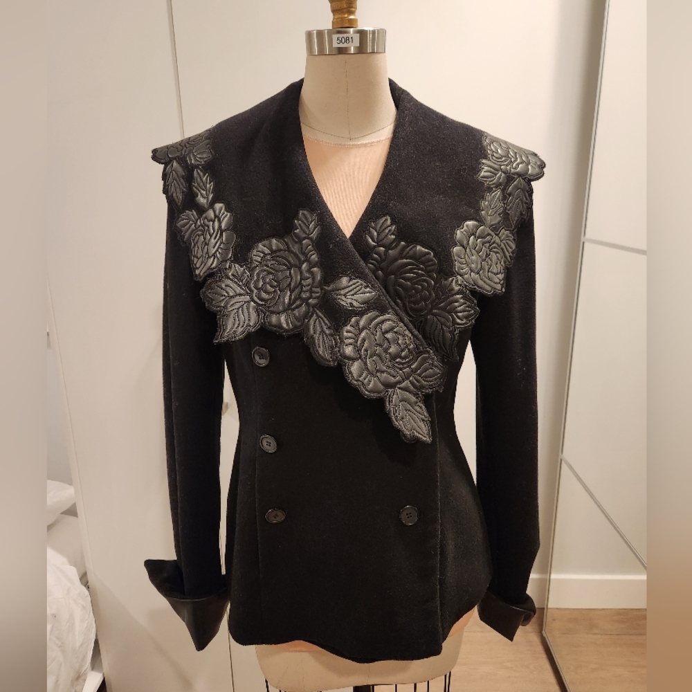 Black Pea Coat with Faux Leather Flowers